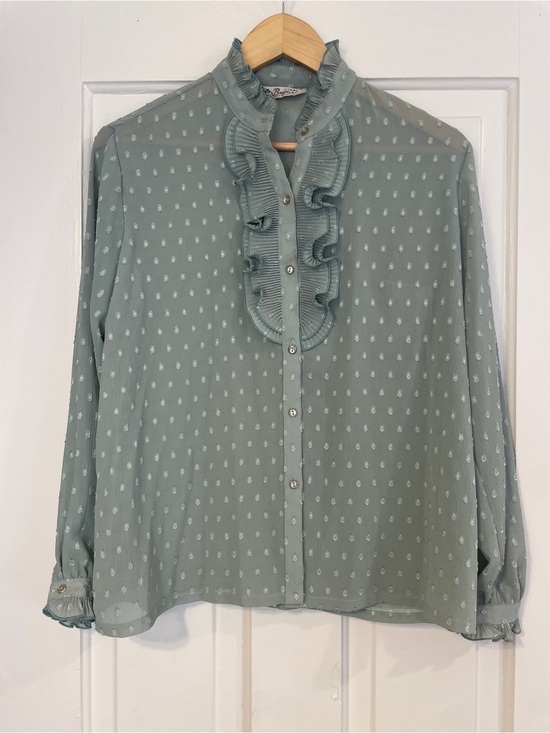 Brother Tops - Vintage Sage Green Swiss Dot Blouse, Ruffle Collar & Pleated Mock Neck Japan 13